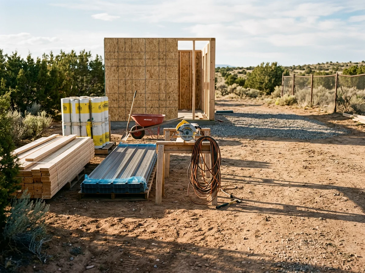 Exterior view of a construction work area with building materials and tools staged for a remodeling project. The scene shows no people.