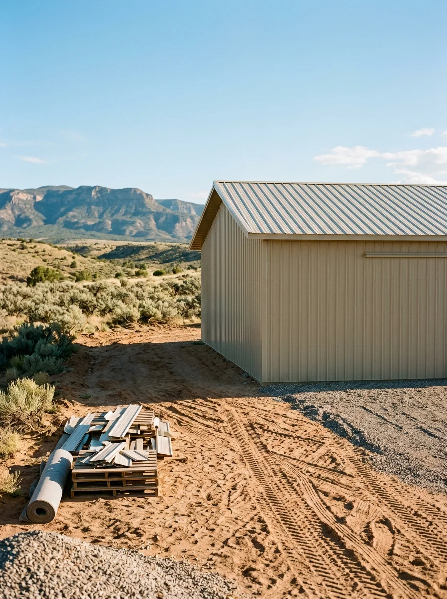 A newly constructed pole building with metal siding on a large multi-acre lot in Aztec, NM, surrounded by open high-desert terrain.