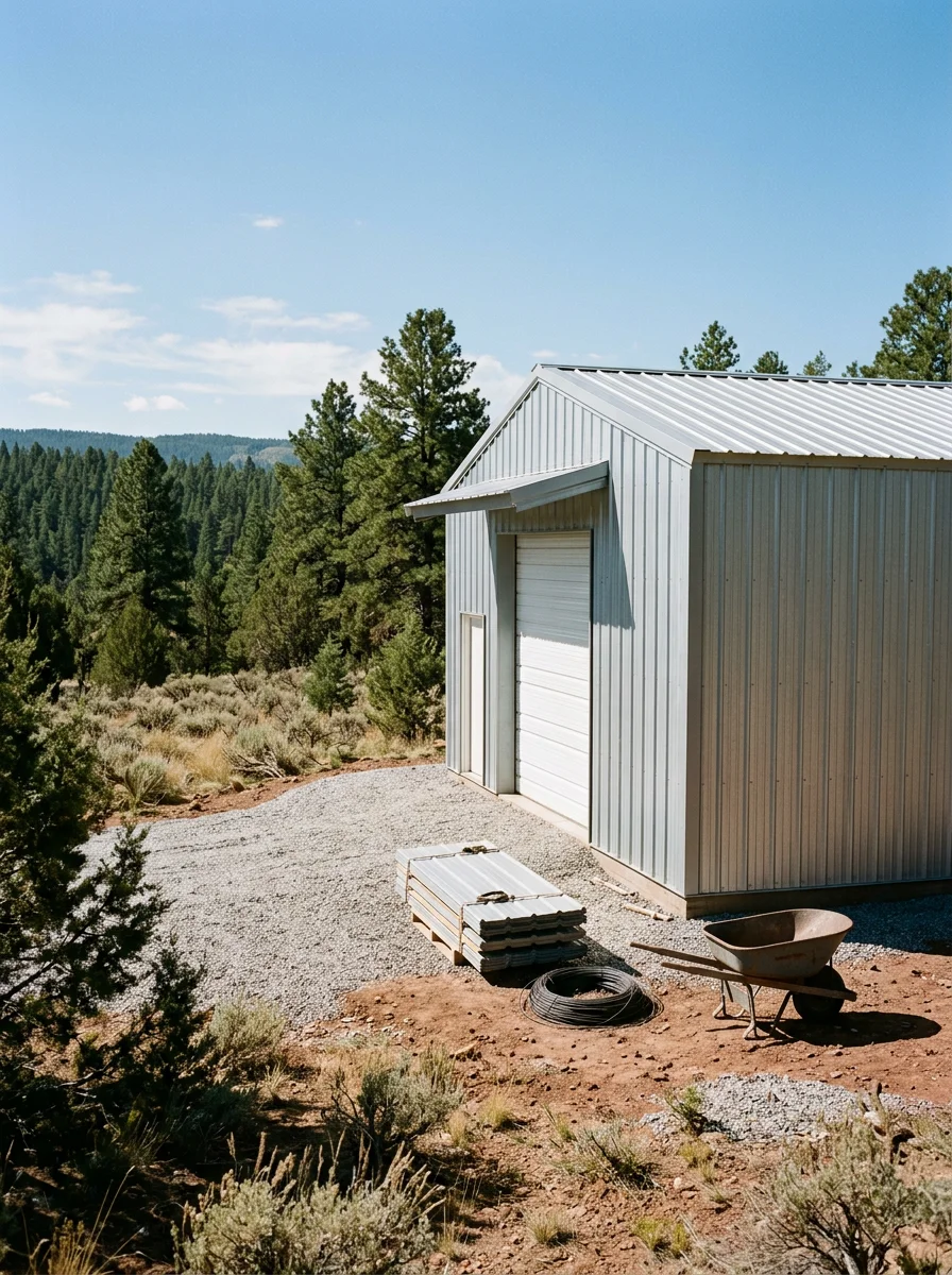 A newly built metal pole building on a farm-ranch parcel outside Bayfield, CO, with the Pine River Valley landscape and ponderosa pine forest in the background.