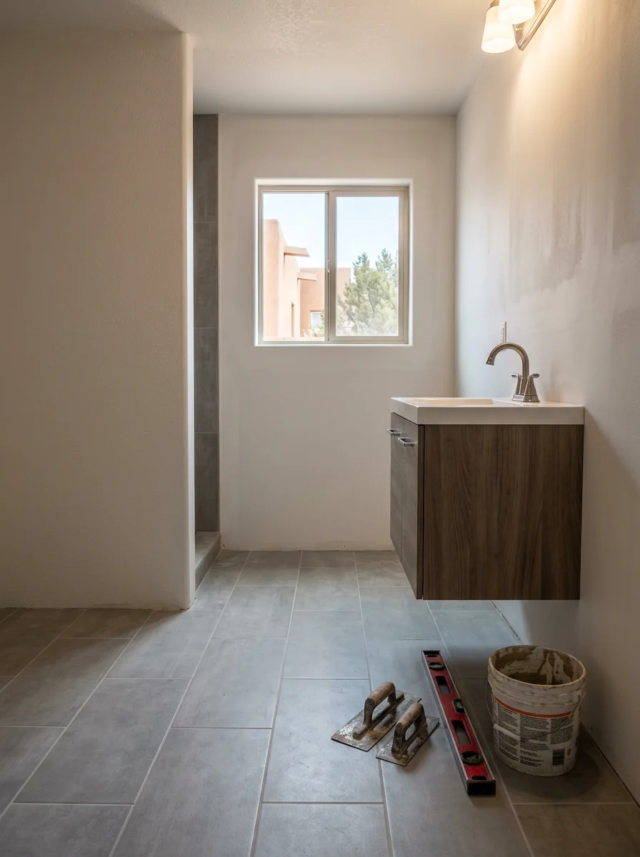 A remodeled bathroom interior in a Bloomfield, NM site-built home showing new tile flooring, updated vanity, and fresh drywall finishing.
