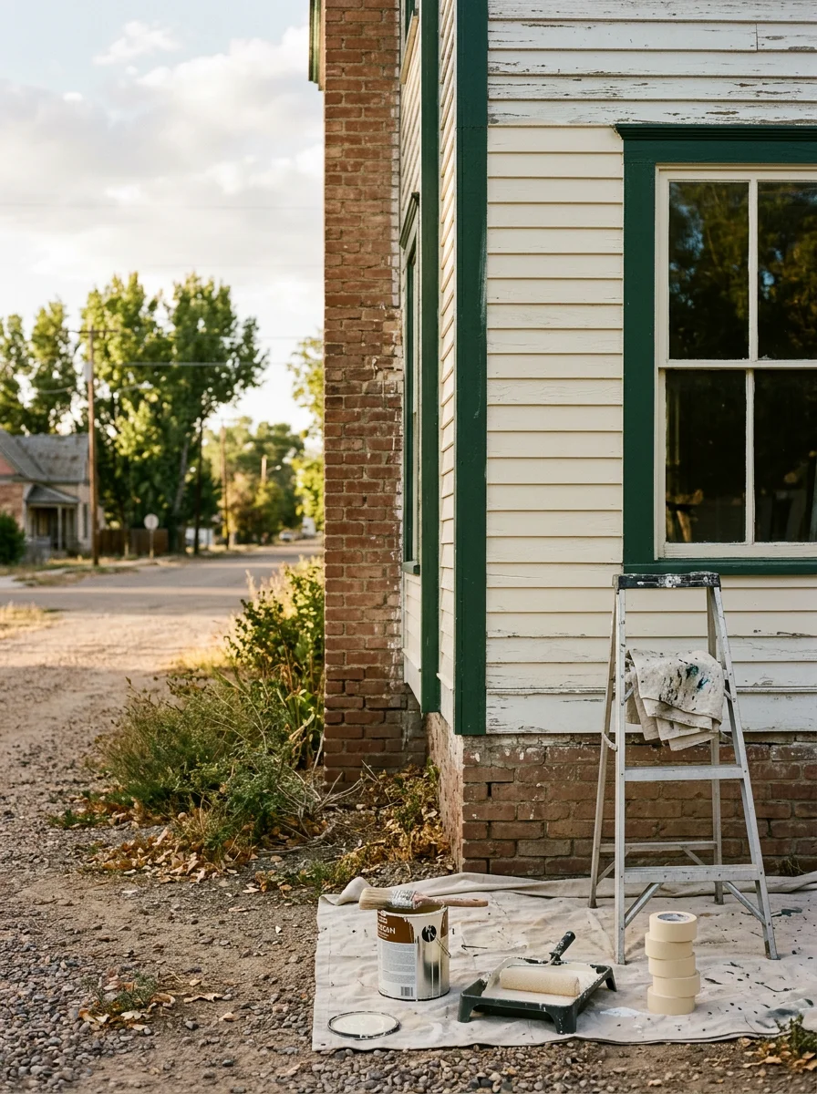 A contractor applying exterior paint to a historic early 1900s home in Cortez, CO, with the older residential streetscape visible behind the work area.