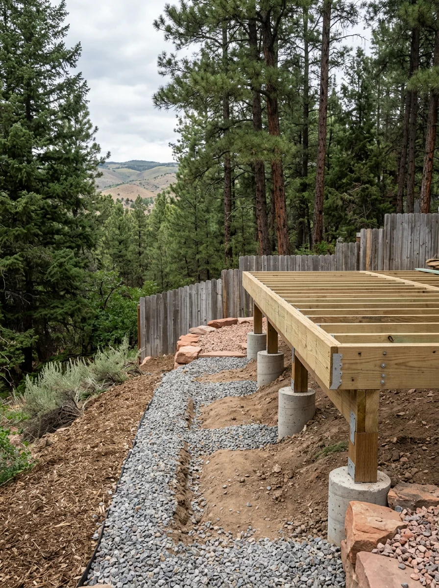 Freshly built deck with treated lumber framing on a hillside property in Durango, CO, showing deep footing excavation and mountain forest backdrop.