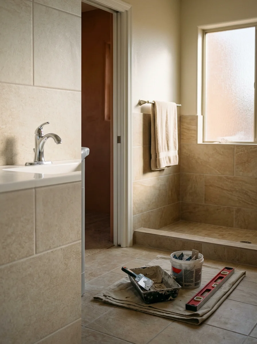 Freshly remodeled bathroom interior in a Farmington, NM home showing new tile work, updated fixtures, and drywall finishing.