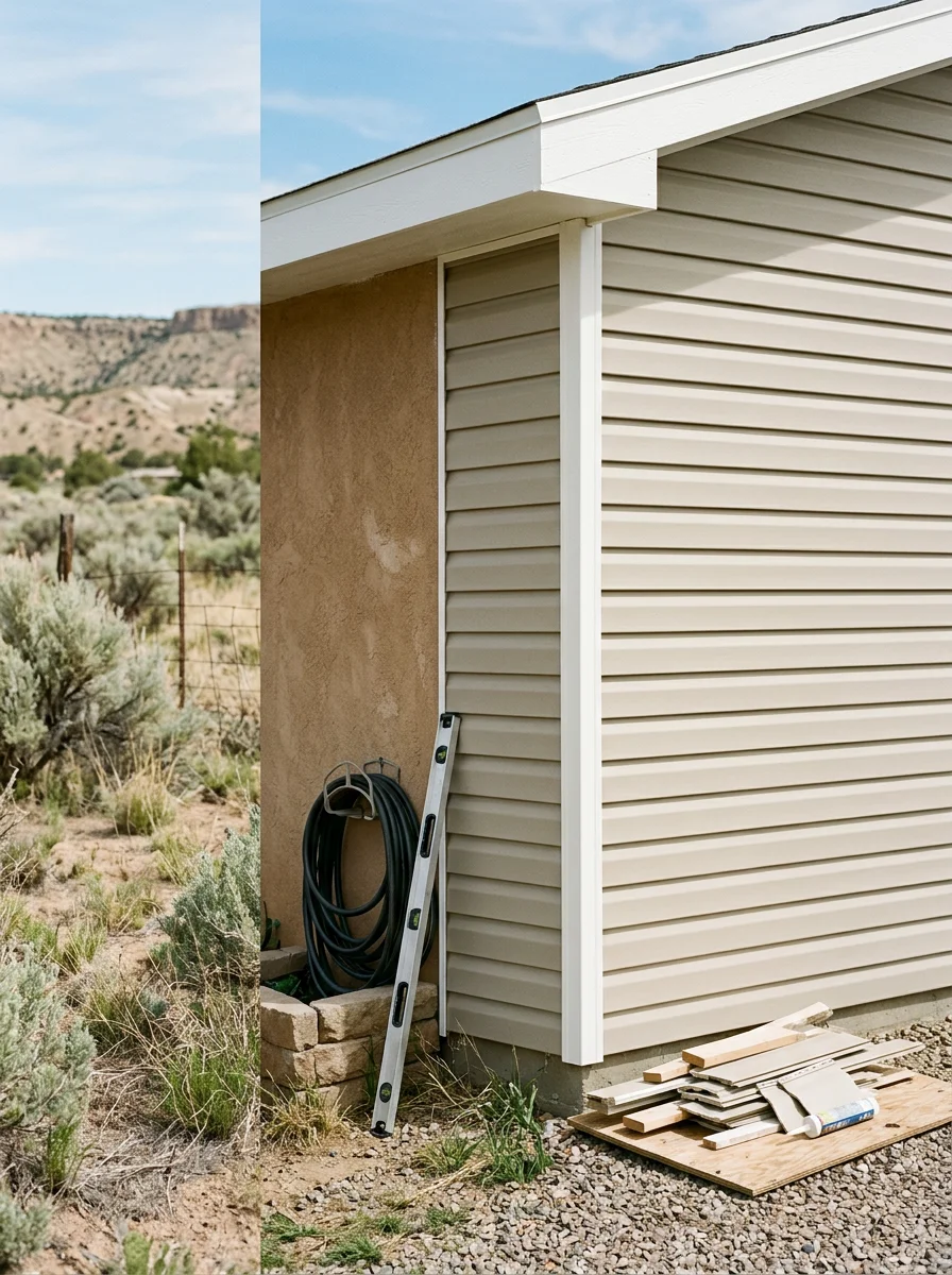 Close-up of freshly installed exterior siding and painted trim on a single-family home in Flora Vista, NM, showing high-desert landscape and clear blue sky.
