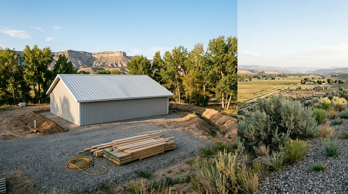 A newly constructed accessory building with metal roofing on a large irrigated lot in Flora Vista, New Mexico, with the Animas River valley visible in the background.