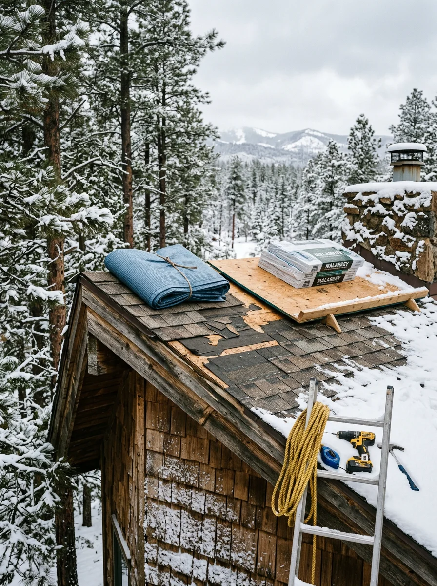 A contractor repairing storm-damaged roofing on a second-home property in Pagosa Springs, CO, with heavy snow on surrounding pine trees and mountain terrain.