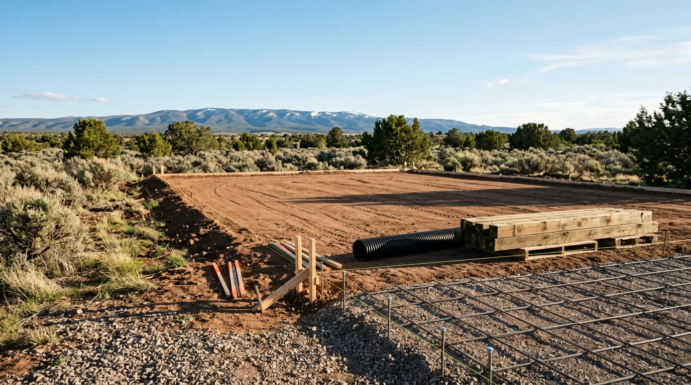 A newly constructed free-span metal workshop with a wide roll-up door on a graded building pad in Flora Vista, New Mexico, with high-desert terrain visible in the background. The structure shows open interior framing typical of accessory building construction in the San Juan County area.