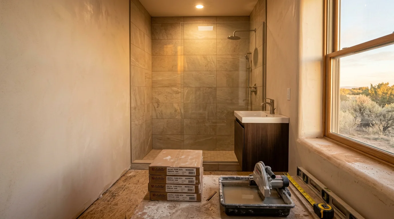Remodeled bathroom interior in a Flora Vista, New Mexico home featuring updated tile work, a new vanity, and modern fixtures. The finished space reflects a clean, functional layout suited to high-desert living in the Four Corners region.
