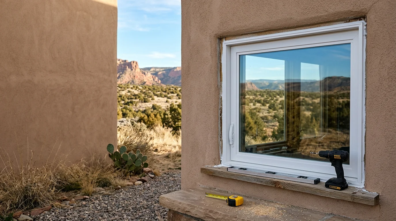 A newly installed casement window on the exterior of a single-family home in Flora Vista, New Mexico, with the window cranked open and the surrounding frame cleanly finished against a stucco wall.