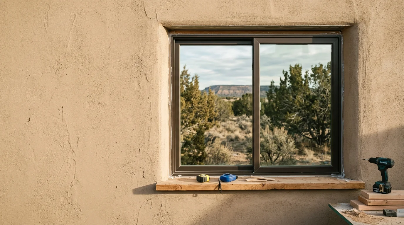 A newly installed double pane window on a single-story residential home in Flora Vista, New Mexico, showing a clean vinyl frame set flush against a stucco exterior. The surrounding sill and flashing are finished and sealed, with the San Juan County high desert landscape visible through the clear insulated glass.