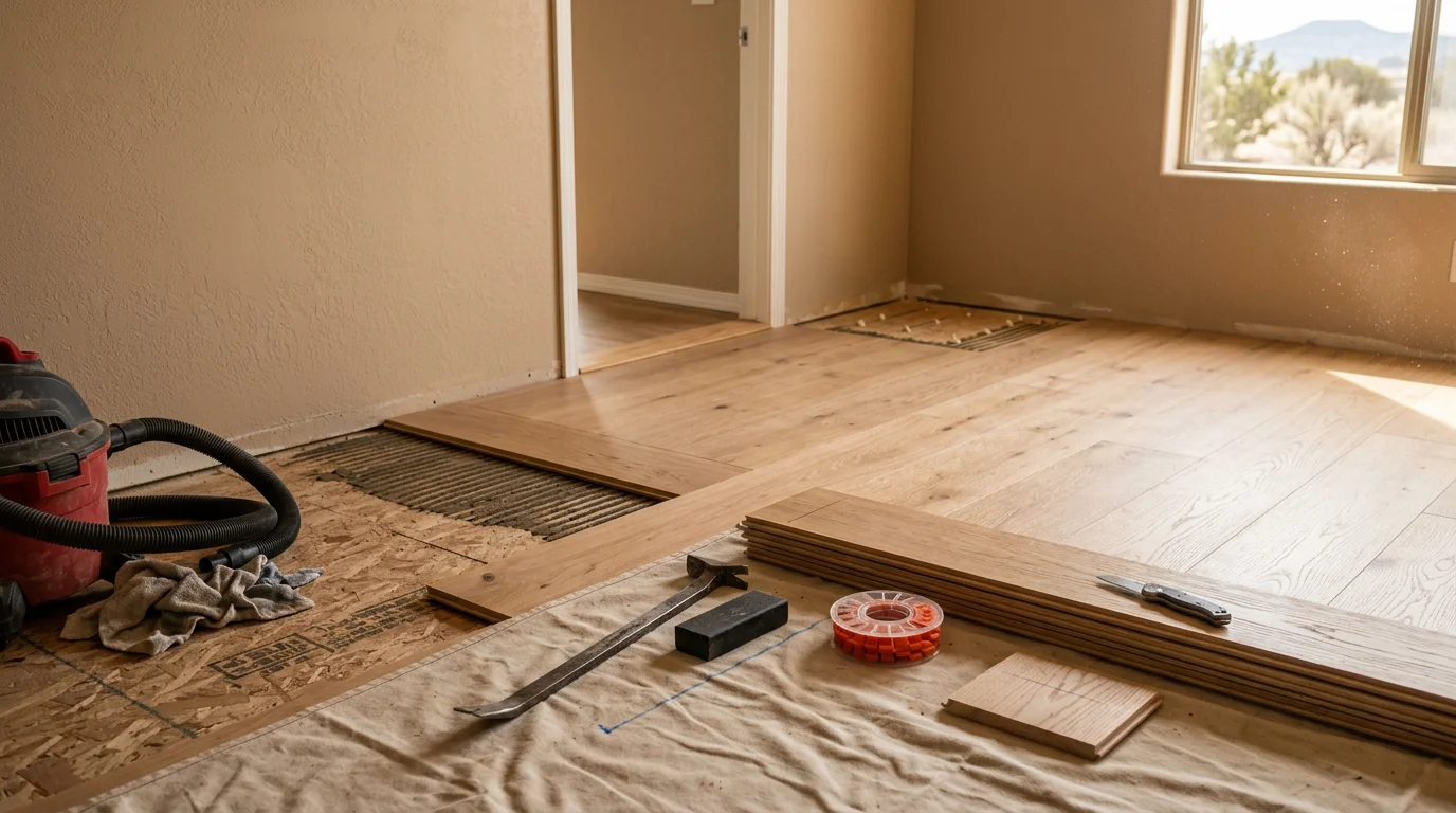 Freshly completed flooring in a residential home in Flora Vista, New Mexico, showing clean, even floor surfaces in a single-family living area. Black H2O Construction LLC flooring work serving the Four Corners region.