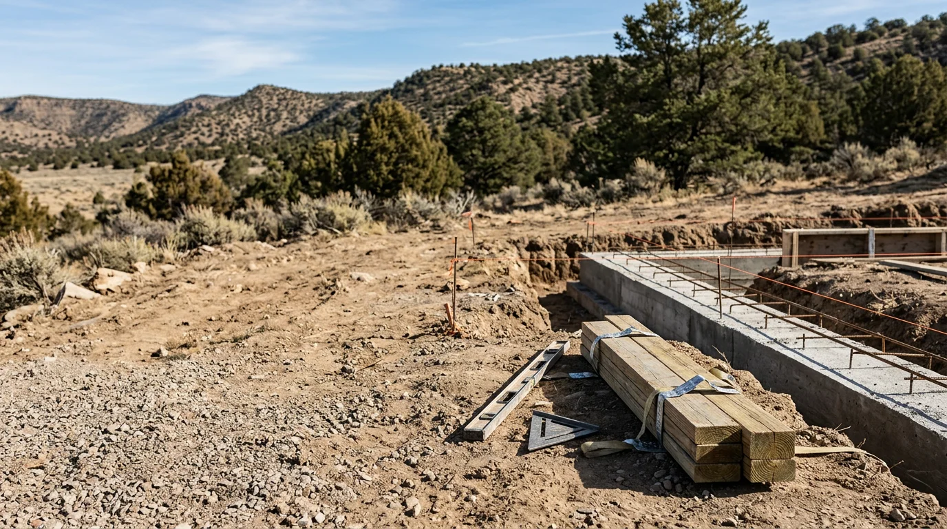 A general building construction project underway in Flora Vista, New Mexico, showing framed structural walls and a concrete foundation on a high-desert lot. San Juan County landscape visible in the background.