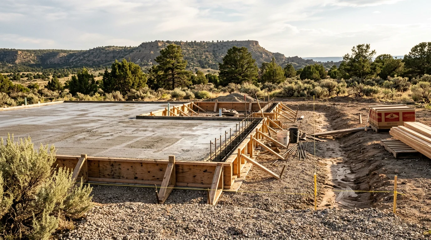 General construction project underway in Flora Vista, New Mexico, showing a building frame against a high-desert landscape with clear blue skies. A work crew coordinates structural framing on a residential or commercial build in the Four Corners region.