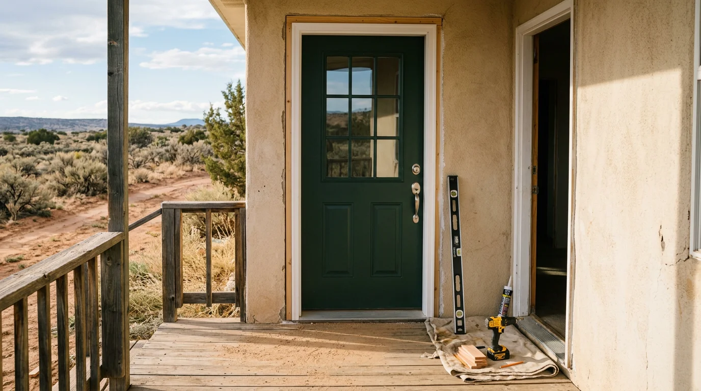A newly installed exterior entry door on a single-family home in Flora Vista, New Mexico, with a clean frame, tight weatherstripping, and a finished threshold visible at the base. The surrounding high desert landscape is visible in the background.