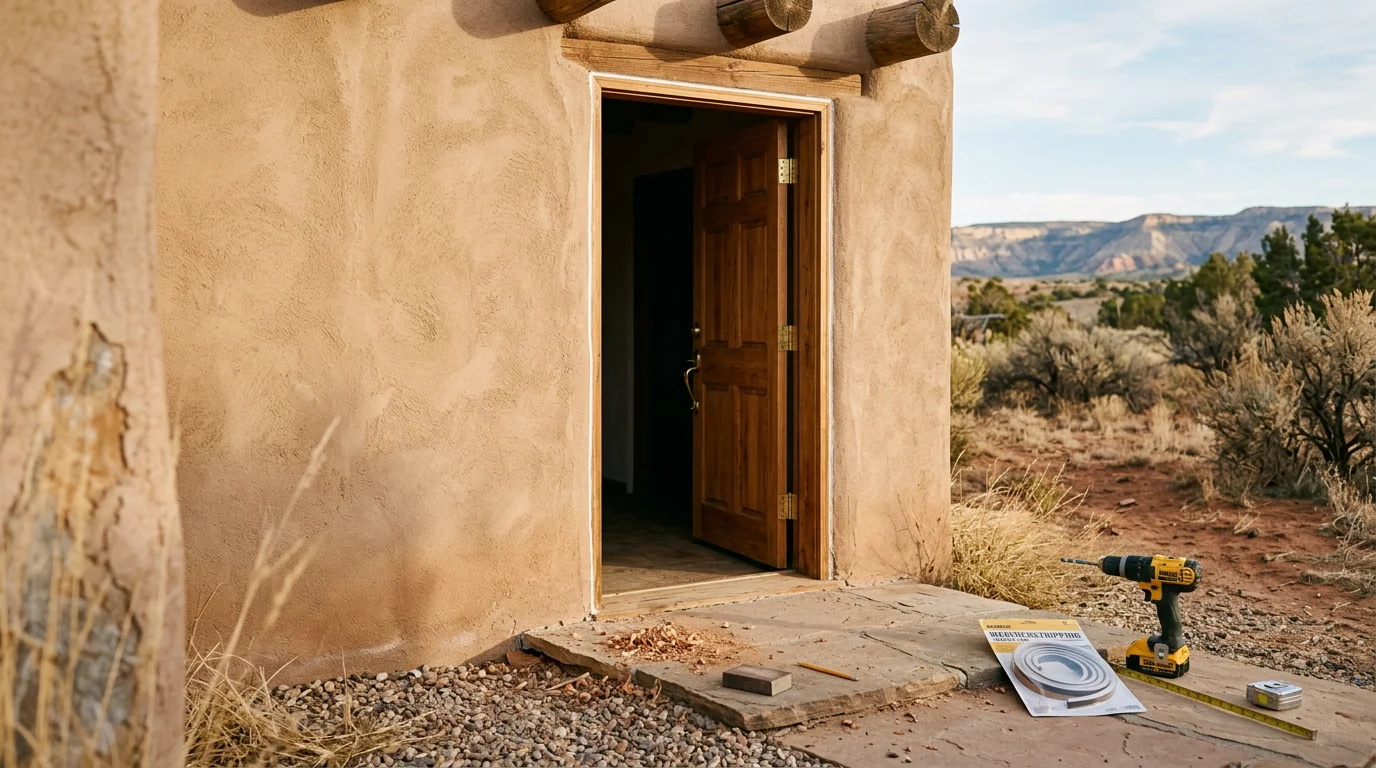 A repaired exterior door on a residential property in Flora Vista, New Mexico, with a properly seated frame, fresh weatherstripping, and a secure lockset. A construction crew member inspects the door alignment from the exterior side.