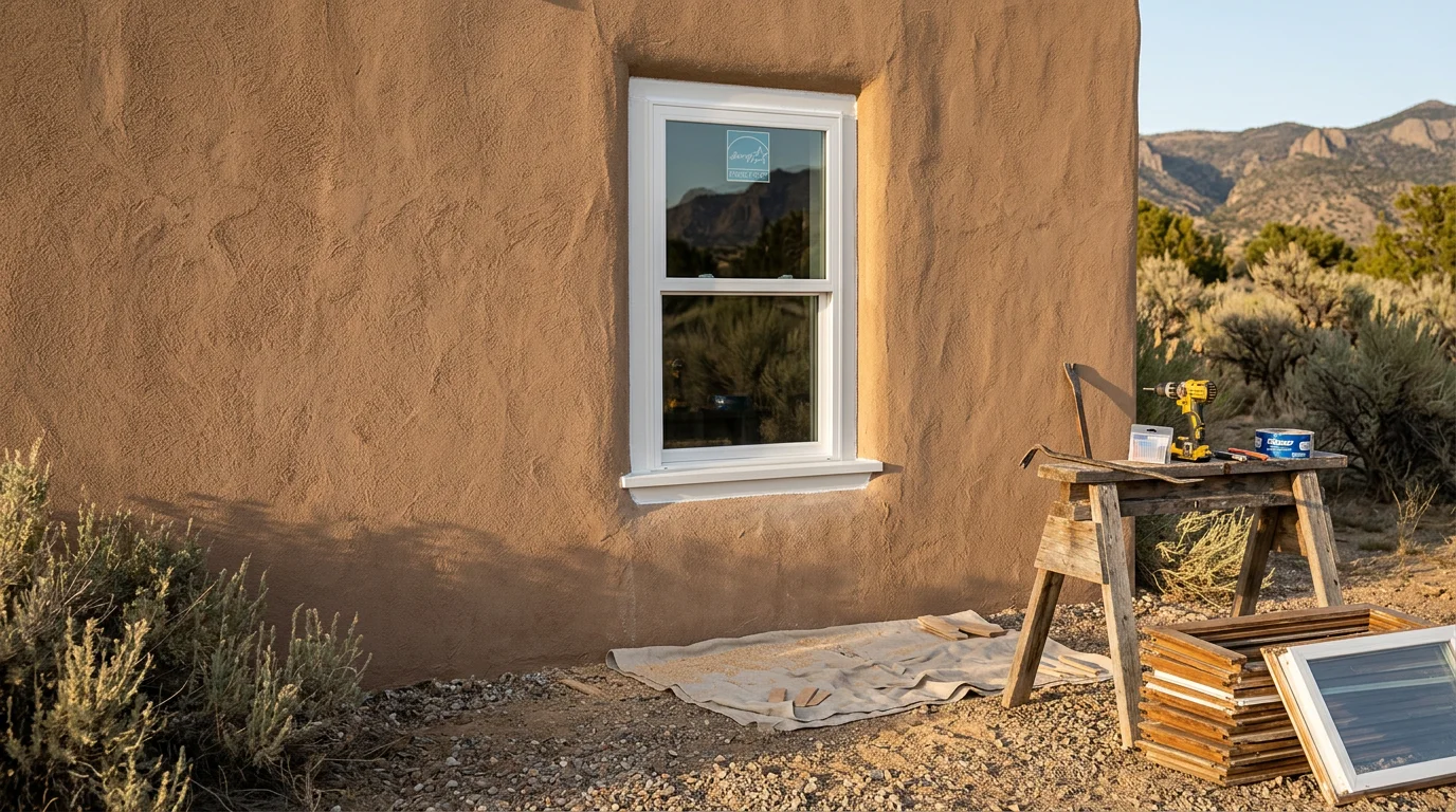 A freshly replaced window installed in a single-family home in Flora Vista, New Mexico, with clean framing and a clear view of the high desert landscape outside. The interior sill and surrounding wall show no gaps or damage, reflecting a complete window replacement finish.
