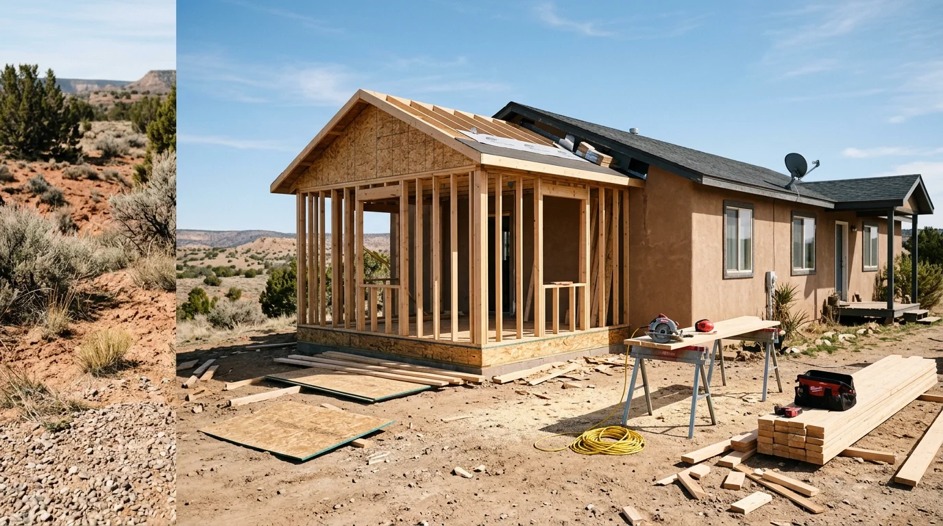A newly completed single-story home addition with stucco exterior attached to an existing residence in Flora Vista, New Mexico. The addition features a matched roofline and exterior finish consistent with the original home structure.