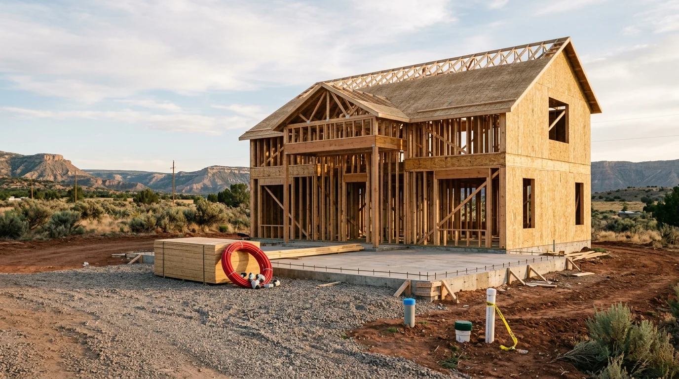 A newly completed site-built home on a rural lot in Flora Vista, New Mexico, with the high desert landscape of San Juan County visible in the background. The home shows a finished exterior with a graded driveway and utility connections in place.