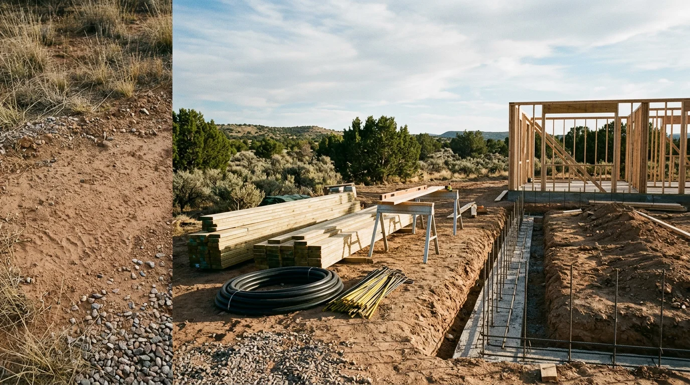 A newly constructed single-family home on a rural lot in Flora Vista, New Mexico, with a concrete foundation, stucco exterior, and open desert landscape in the background. Site grading and utility connections are visible around the perimeter of the home.