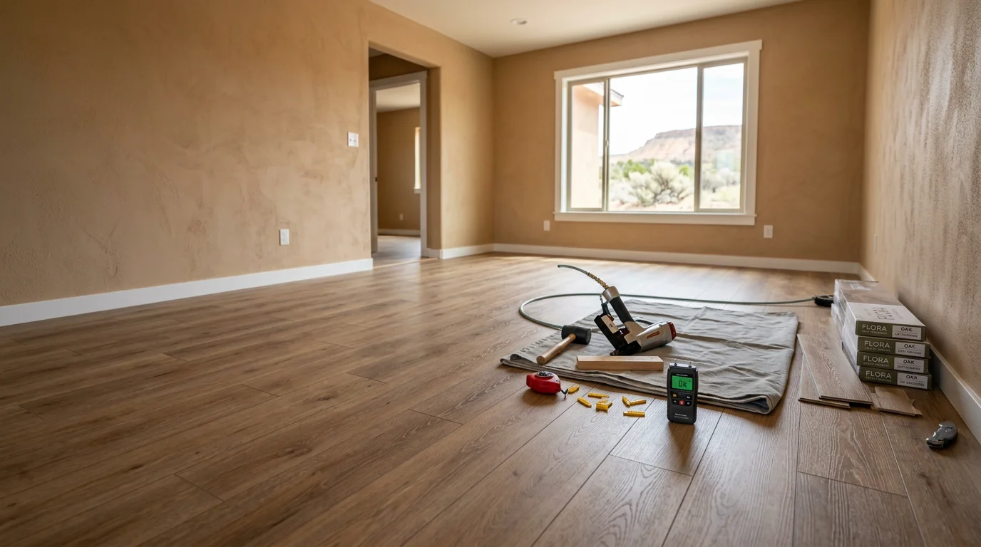Newly installed luxury vinyl plank flooring in a residential living room in Flora Vista, New Mexico, with clean plank rows running toward a sunlit window. A professional flooring installer from Black H2O Construction LLC smooths the final row into place against the baseboard.