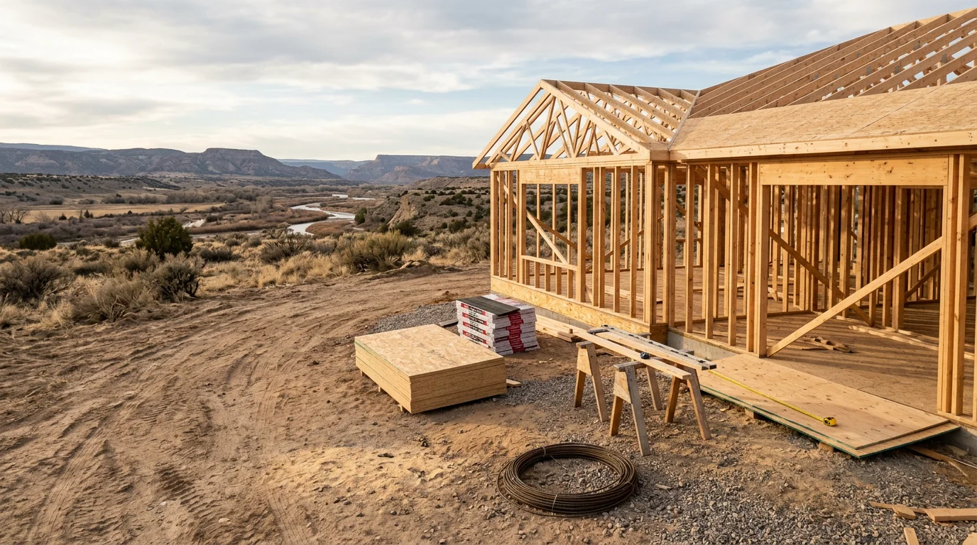 A newly constructed single-family home on a rural lot in Flora Vista, New Mexico, with a high-desert landscape and clear sky in the background. The home shows completed exterior framing, roofing, and siding typical of new residential construction in San Juan County.