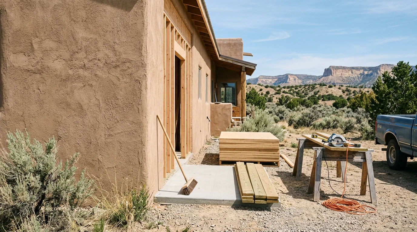 Remodeled home interior in Flora Vista, New Mexico showing updated living space with stucco wall finishes and concrete flooring suited to the high-desert climate of San Juan County.
