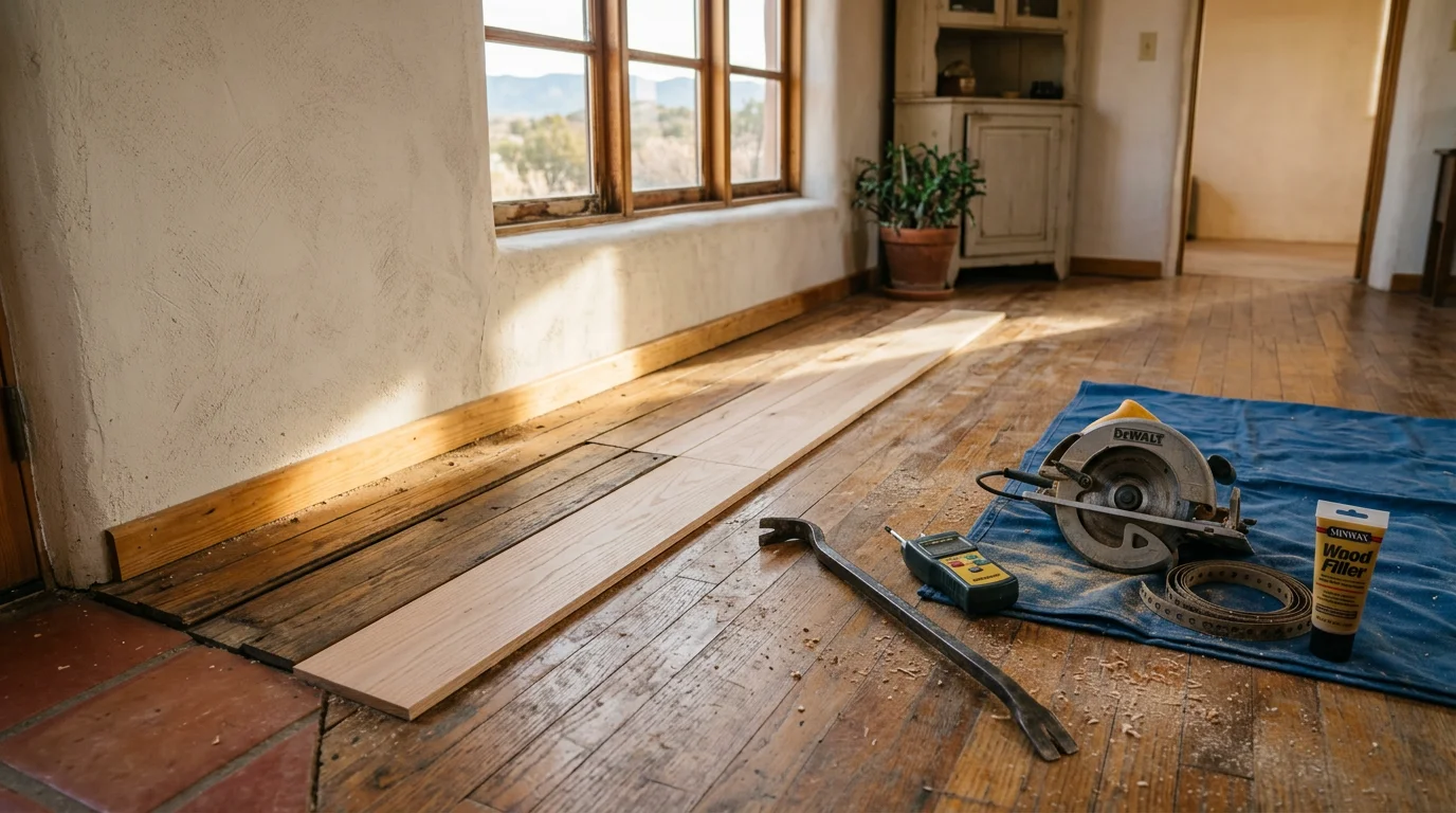 A repaired section of residential flooring in a Flora Vista, New Mexico home, showing a smooth, level surface with no visible cracks or soft spots. The repair blends with the surrounding floor in a well-lit living area.