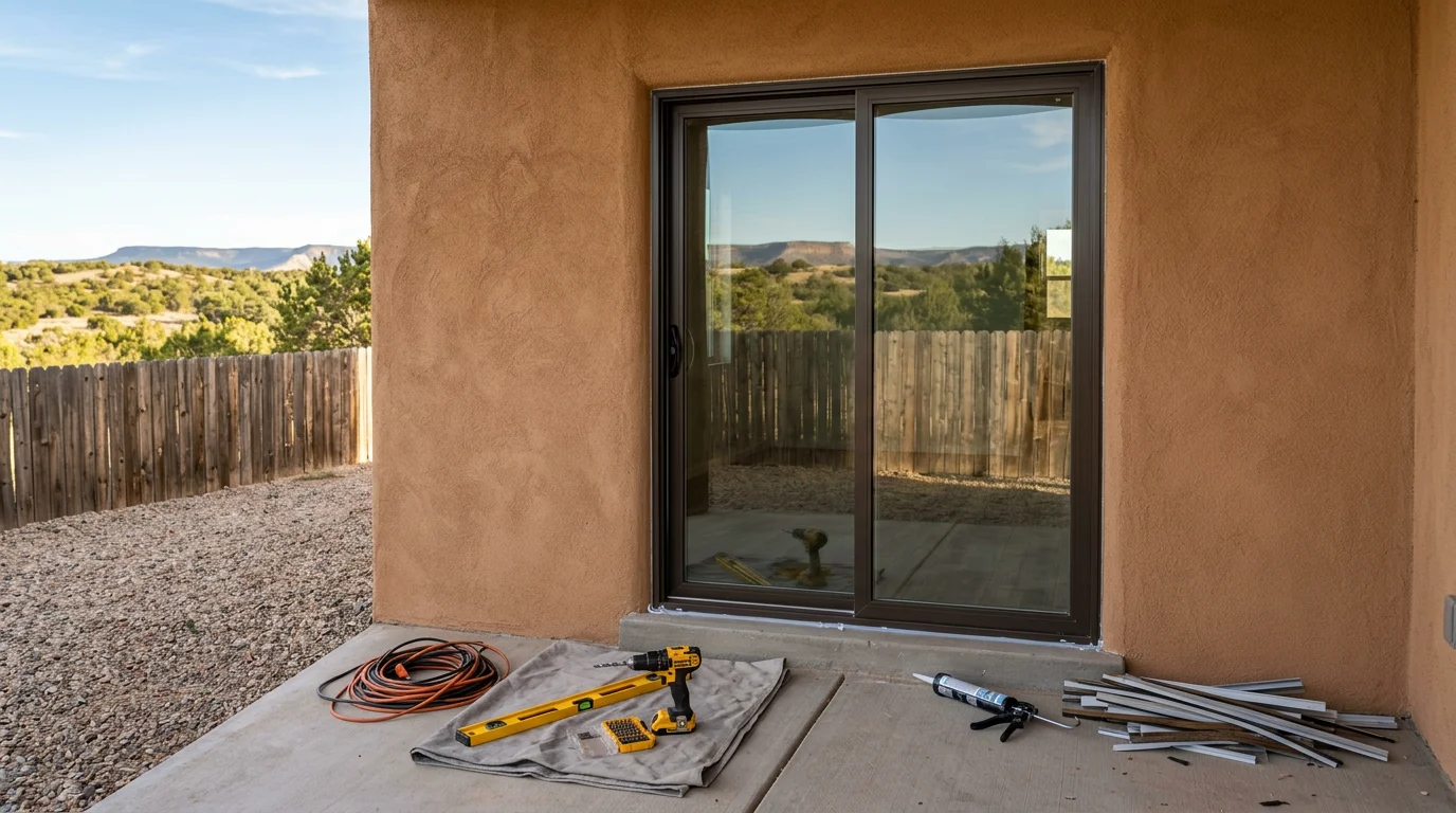 A newly installed sliding glass door on the back of a single-family home in Flora Vista, New Mexico, with a clear view through the glass panel to a desert landscape patio. The door frame is flush with the stucco exterior and the track sits level at the threshold.