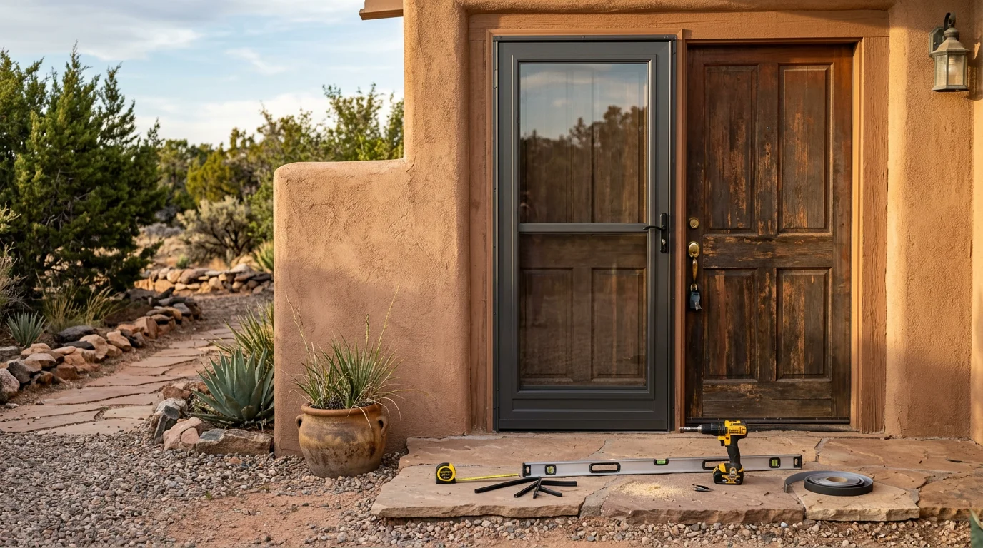 A newly installed storm door on the front entry of a single-family home in Flora Vista, New Mexico. The door features a full-view glass panel and a screen insert, with the high desert landscape visible in the background.