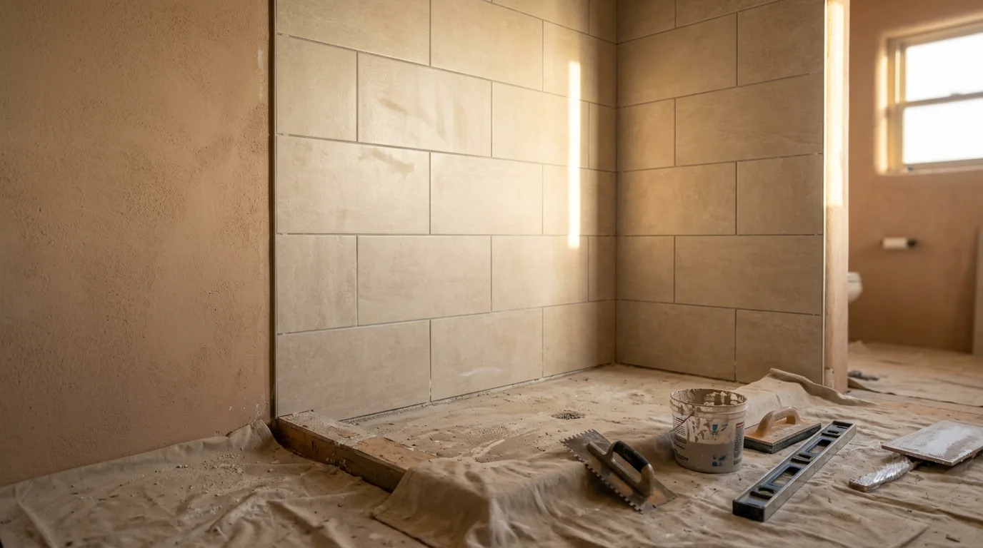 Freshly installed porcelain floor tile in a bathroom of a Flora Vista, New Mexico home, showing clean grout lines and a waterproofed shower surround. The finished surface reflects the high-desert light common to San Juan County properties.