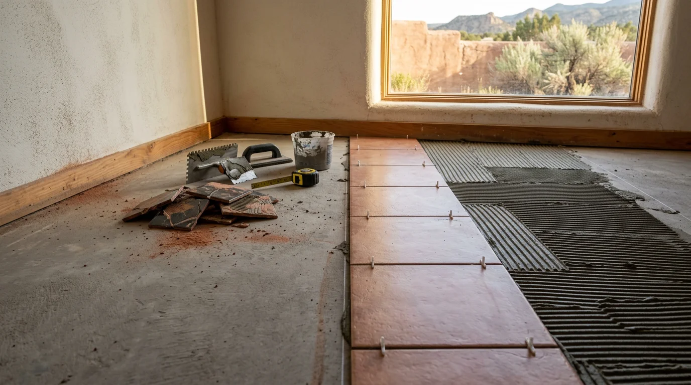 Freshly replaced floor tile in a residential kitchen in Flora Vista, New Mexico, showing clean grout lines and a level surface. Black H2O Construction LLC tile work replacement project in the Four Corners region.
