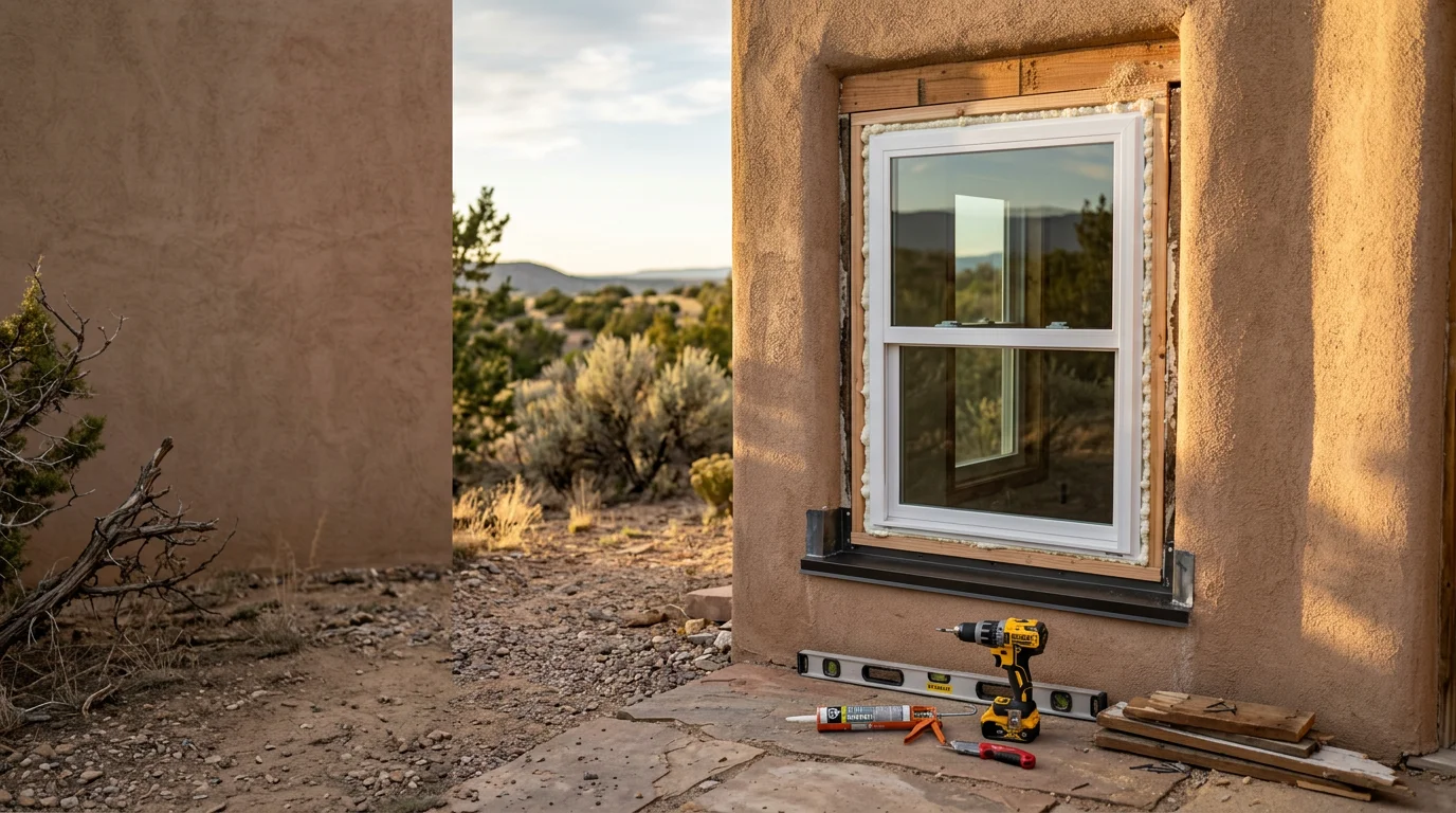A newly installed window on a single-story home in Flora Vista, New Mexico, with clean exterior trim and sealed framing visible against a bright high-desert sky. The finished installation shows flush framing and tight seals at the rough opening edges.